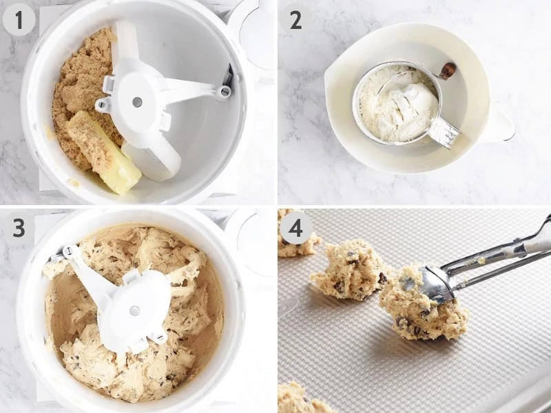 how to make chocolate chip cookies from scratch, using mixer, sifter, and cookie scoop