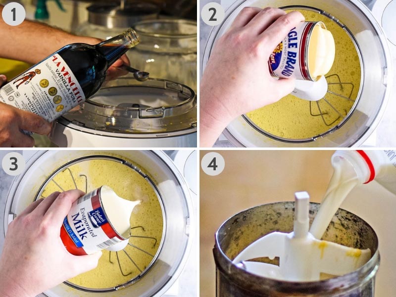 steps for how to make banana ice cream ingredients, including vanilla extract, sweetened condensed milk, evaporated milk, and whole milk