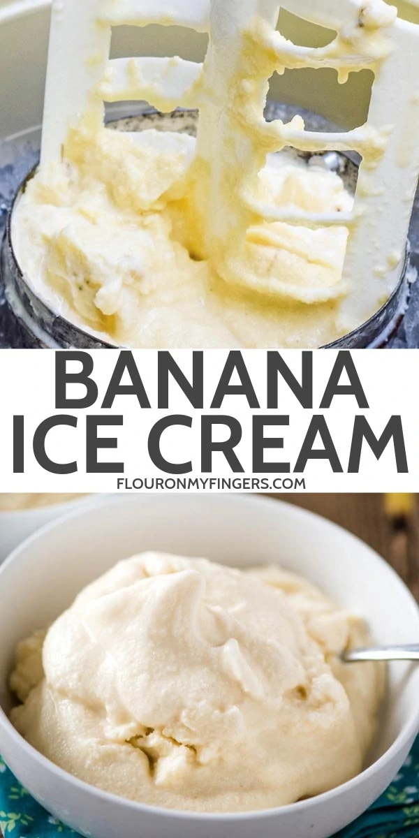 homemade banana ice cream recipe for ice cream maker, churn paddle in frozen banana ice cream, white bowl of old-fashioned banana ice cream