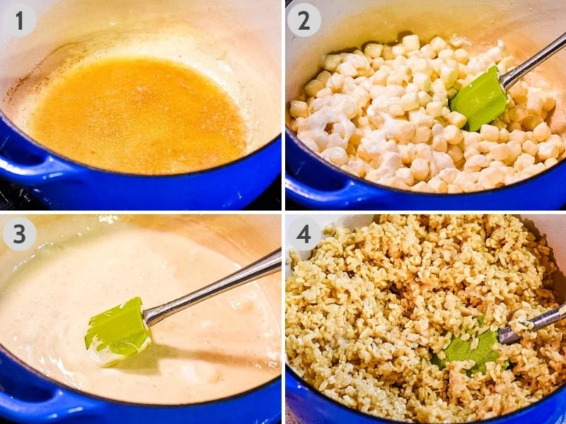steps for making Rice Krispie treats, including melting the butter and marshmallows, then stirring everything together with Rice Krispies cereal