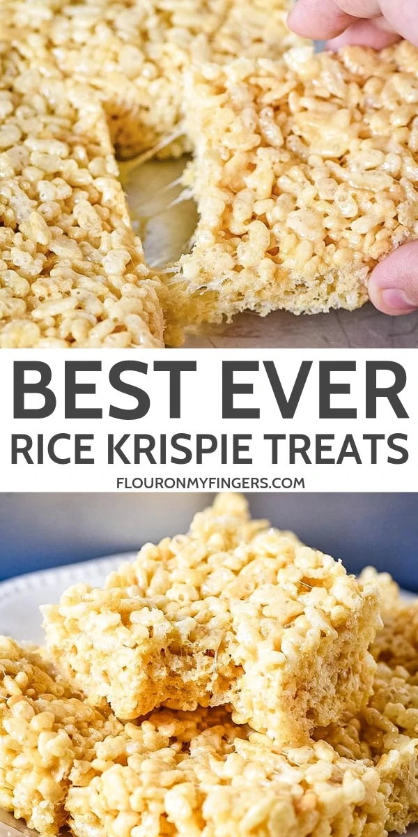 double image for the Best Ever Rice Krispie Treats, including top image of hand pulling treat out of metal pan and bottom image of stack of Rice Krispie squares on white plate