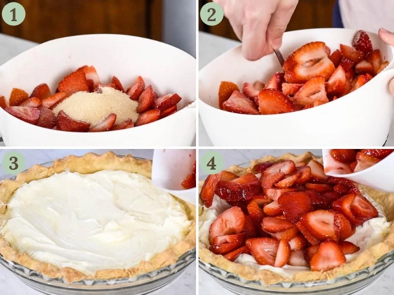 mixing strawberries with sugar and spreading on top of cream cheese filling to make strawberry cream pie recipe