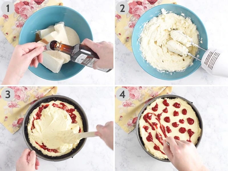 steps for making raspberry swirl cheesecake, including mixing and swirling raspberry sauce into cheesecake batter