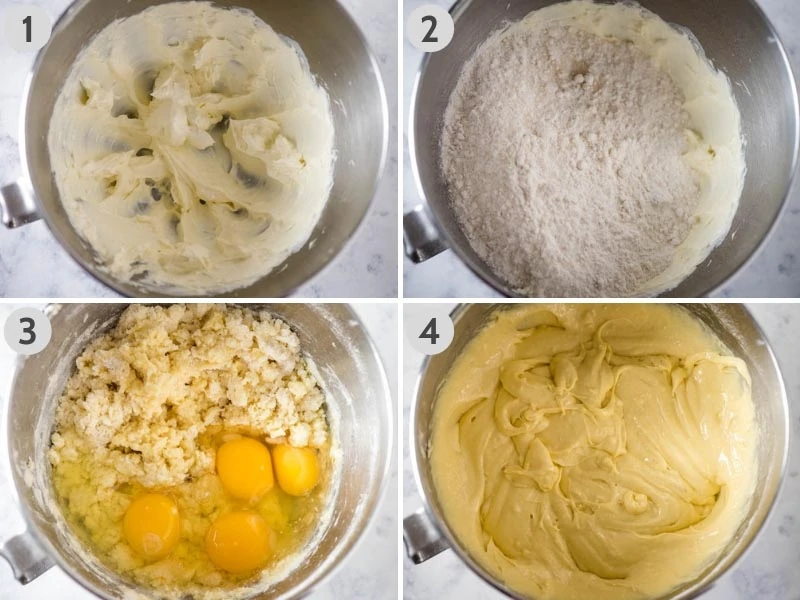 steps for how to make pound cake batter for easy pound cake recipe in KitchenAid mixing bowl