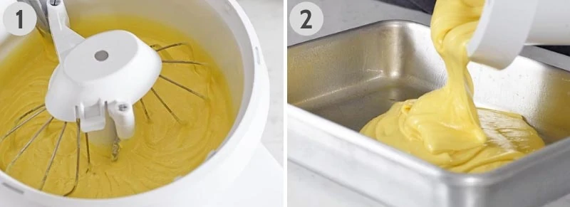 mixing lemon cake with mixer and pouring cake batter into metal cake pan