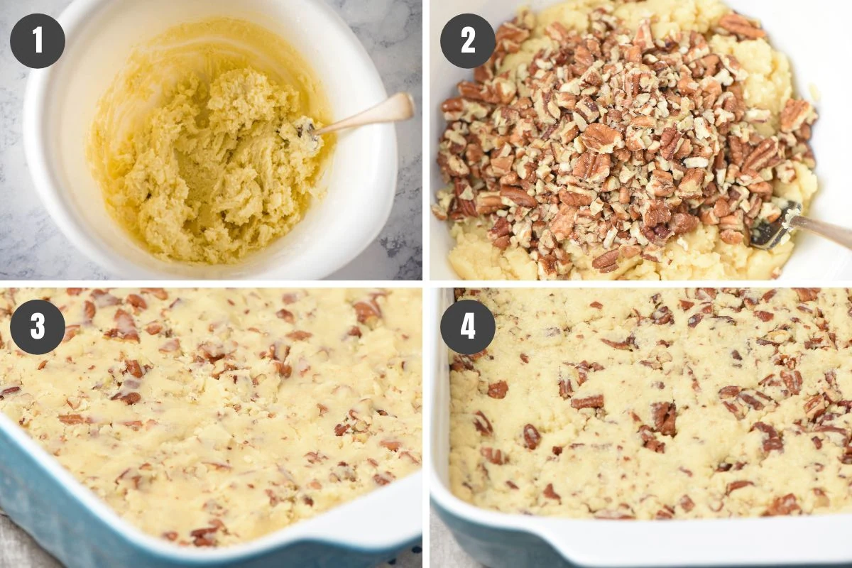 steps for how to make a pecan nut crust for desserts, by mixing dough in white mixing bowl, stirring in chopped pecans, pressing crust into pan, then baking 'til golden.