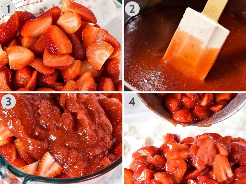 steps for making strawberry delight recipe, including slicing strawberries and making a strawberry pie filling or sauce