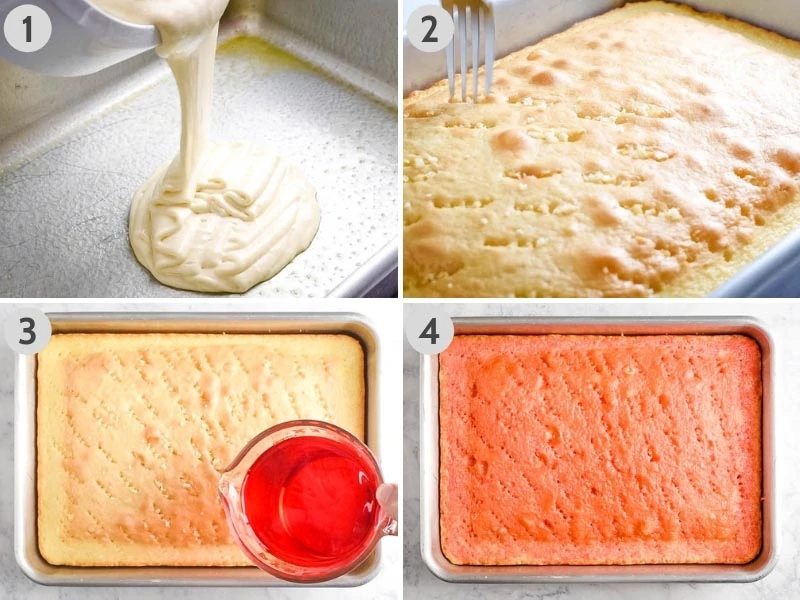 steps for how to make a Jello cake recipe, cake batter in pan, poke holes in top of baked vanilla cake, and pouring liquid Jello onto cake