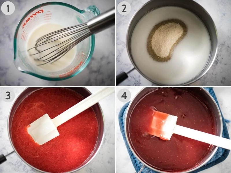 steps for making strawberry pie filling from scratch, using corn starch, water, sugar, and strawberry purée in medium saucepan