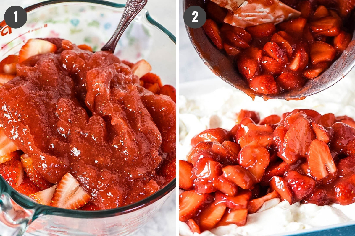 mixing sliced strawberries with strawberry sauce for strawberry delight recipe topping, then spreading over cream cheese layer on dessert