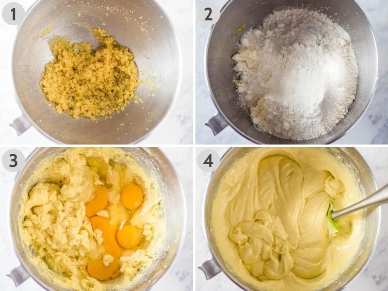 steps for how to make lemon pound cake with cake mix, lemon zest, eggs, and other ingredients in metal mixing bowl