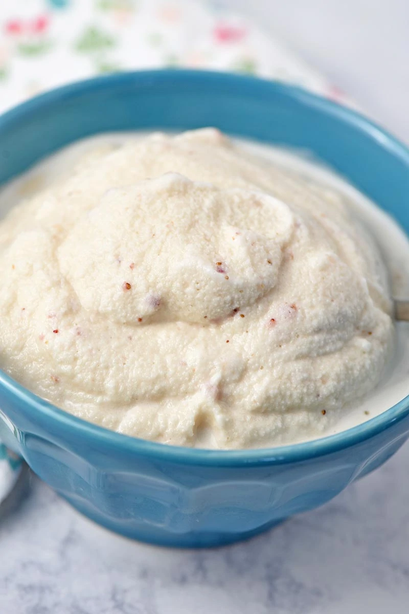 blue bowl of old-fashioned strawberry ice cream