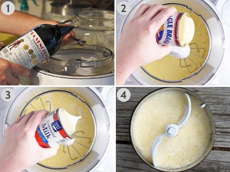steps for how to make vanilla ice cream recipe, including adding vanilla extract, sweetened condensed milk, evaporated milk, and milk in metal canister