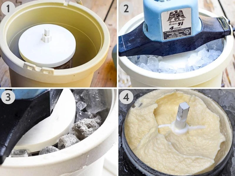 freezing homemade ice cream in an old fashioned ice cream maker