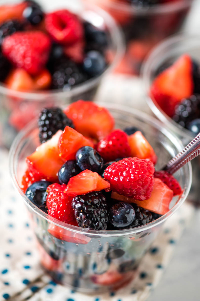 mixed berry fruit cups with fresh strawberries, blueberries, blackberries, and red raspberries 