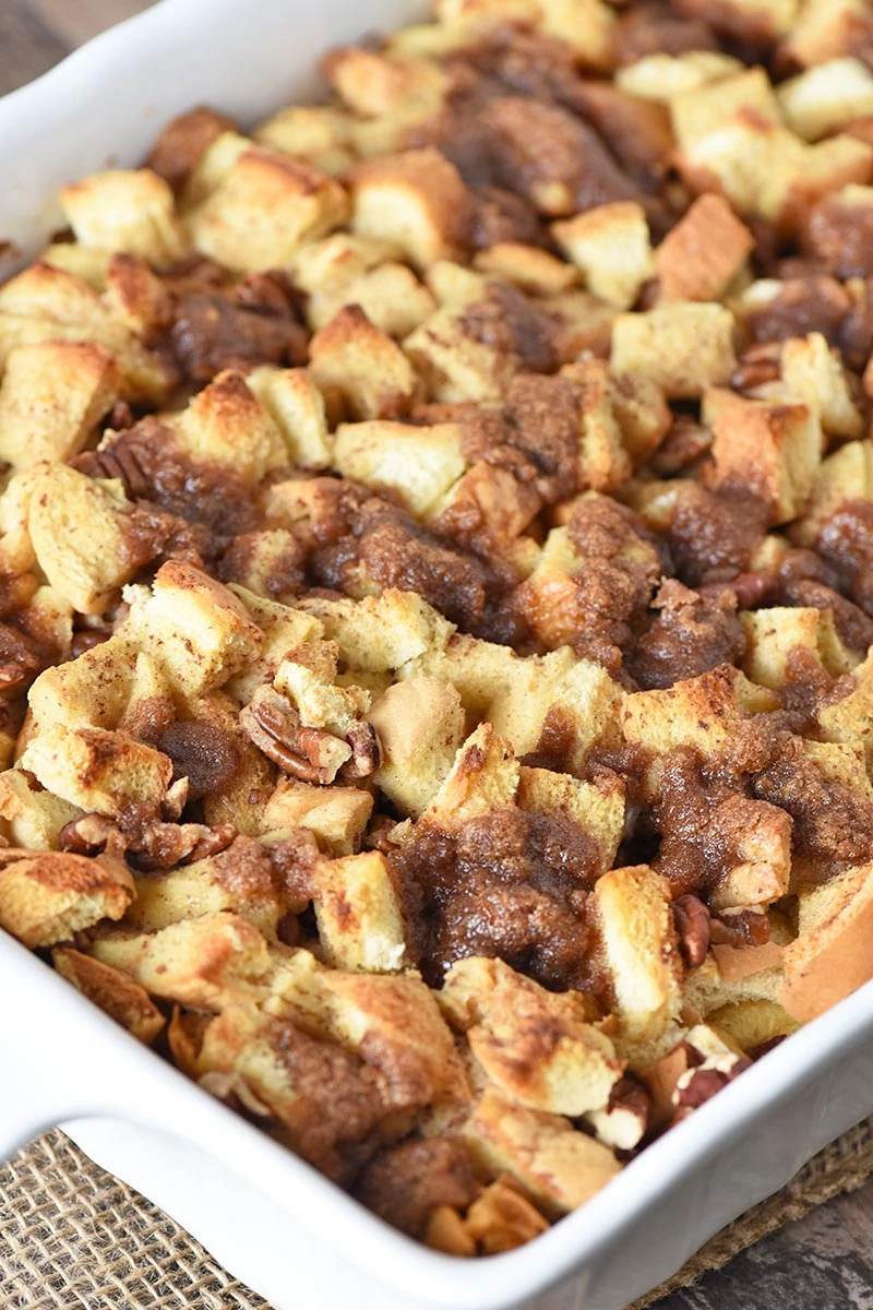 baked French toast bake with cinnamon brown sugar topping in white baking dish