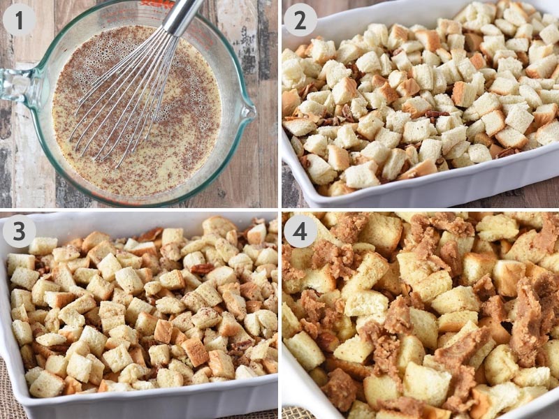 steps for making overnight French toast casserole, whisking egg and milk mixture in glass measuring cup, adding bread cubes and pecans to white baking dish, and adding topping