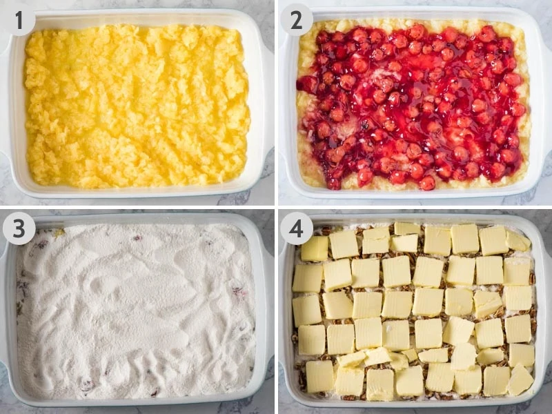 steps for how to make cherry dump cake, layering crushed pineapple, cherry pie filling, dry cake mix, chopped pecans, and sliced butter in baking dish