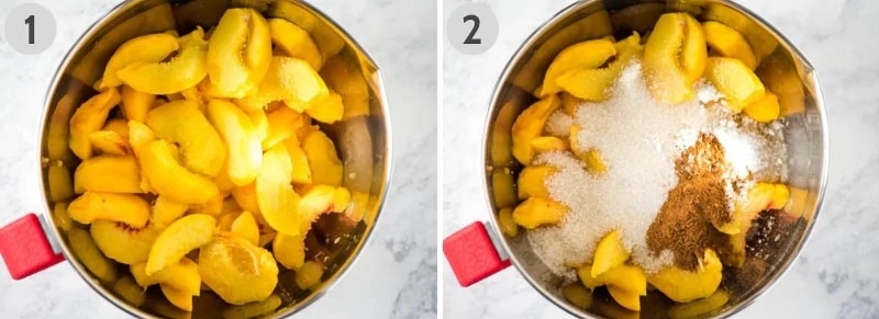 how to make peach crisp with fresh peaches by mixing up peach filling in large stainless steel mixing bowl