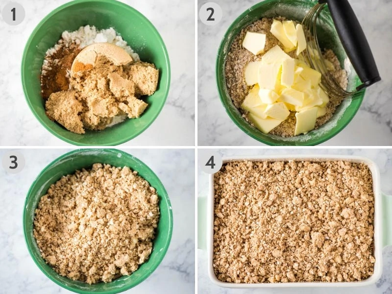 how to make peach crisp topping in green mixing bowl and crumble over fresh peaches