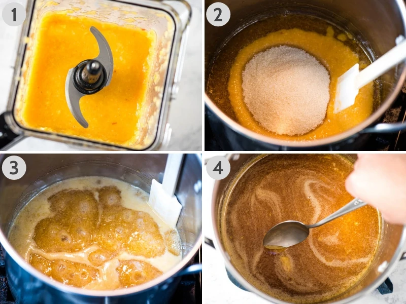 how to make peach jam without pectin by crushing the peaches in a blender, and cooking both sugar and peaches in a stock pot, and skimming any foam off the top