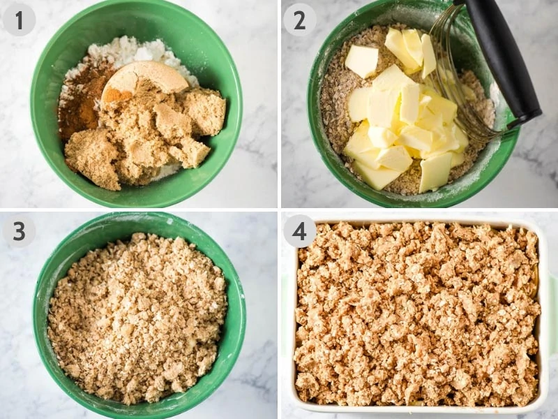 how to make gluten-free apple crisp topping in green mixing bowl with pastry blender and crumbled over apple filling