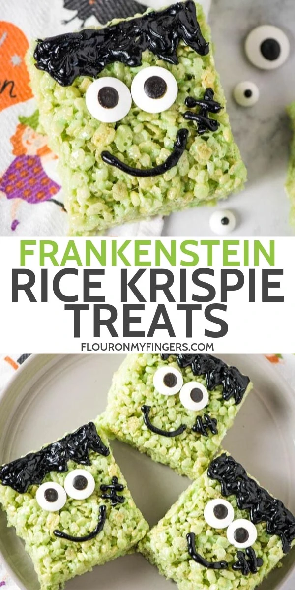 double image of Frankenstein Rice Krispie Treats with top image of Frankenstein Halloween Rice Krispie treat on white countertop with Halloween kitchen towel and candy eyes, and bottom image of Frankenstein treats on gray plate