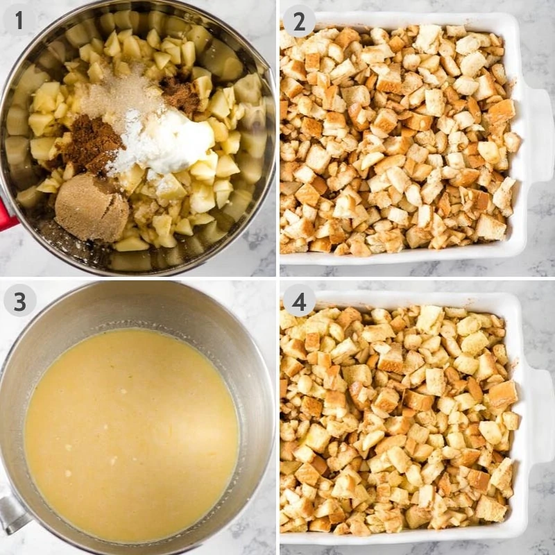 steps for how to make apple French toast casserole in metal mixing bowl and white baking dish