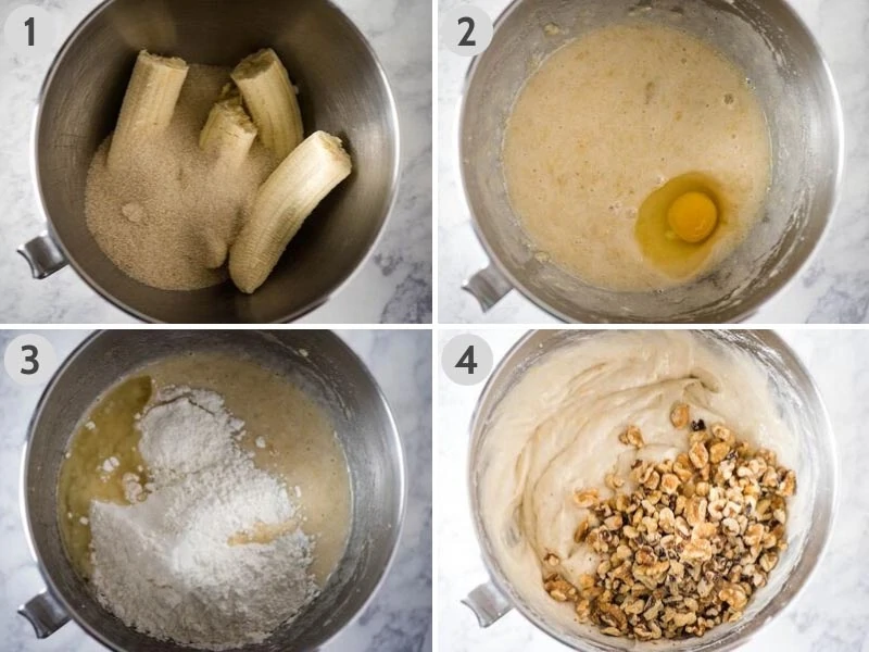 how to make banana bread by mixing ingredients in mixing bowl