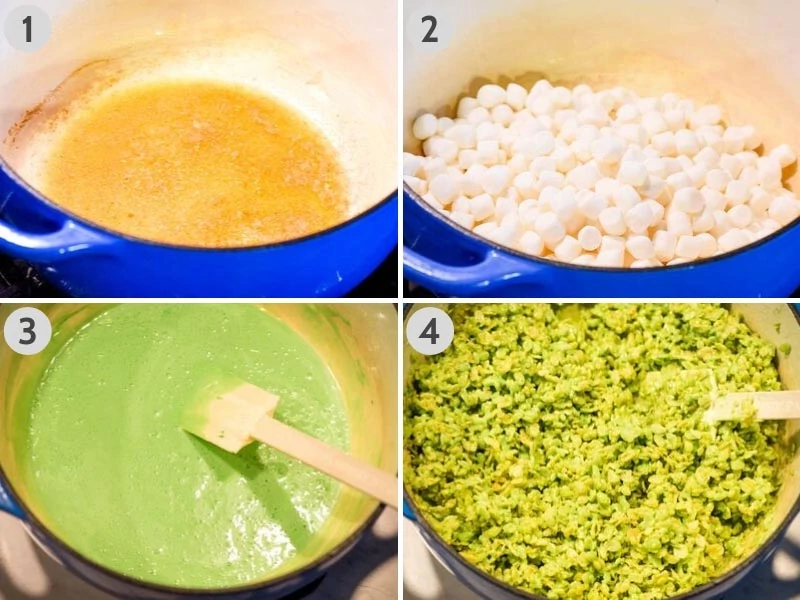 steps for how to make Rice Krispie treats green in blue Dutch oven