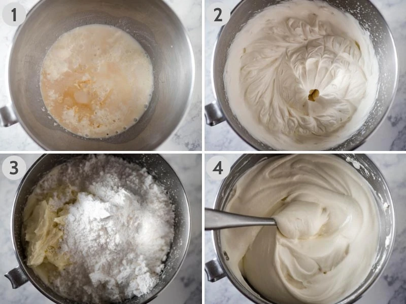 mixing up Dream Whip, cream cheese, and powdered sugar for pumpkin delight recipe in mixing bowl