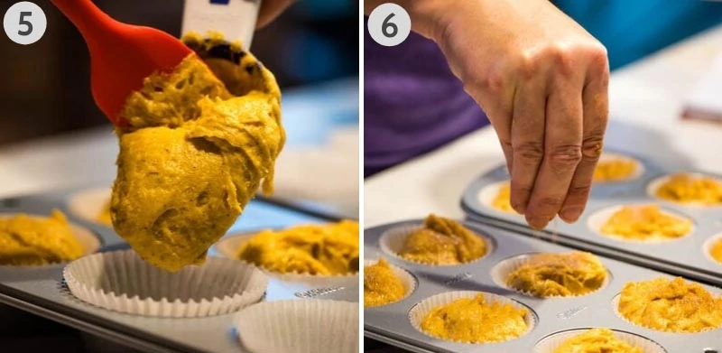 scooping muffin batter into cupcake liners in muffin tins and sprinkling on cinnamon sugar topping for pumpkin muffins