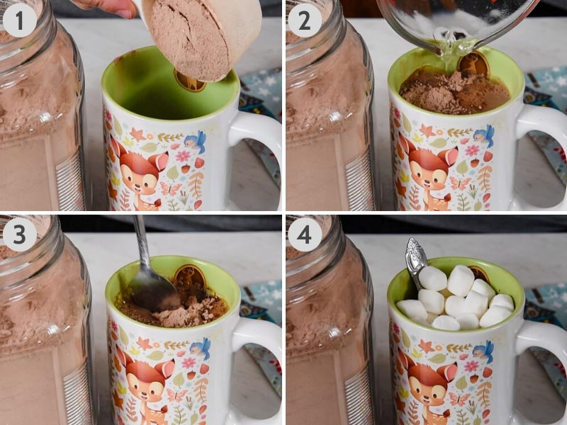 adding homemade hot cocoa mix with water and mini marshmallows to Disney Bambi mug