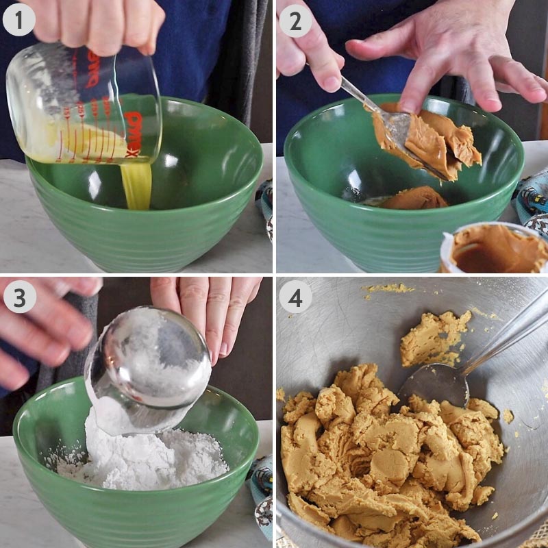 how to make buckeye balls by mixing butter, peanut butter, and powdered sugar together in green mixing bowl
