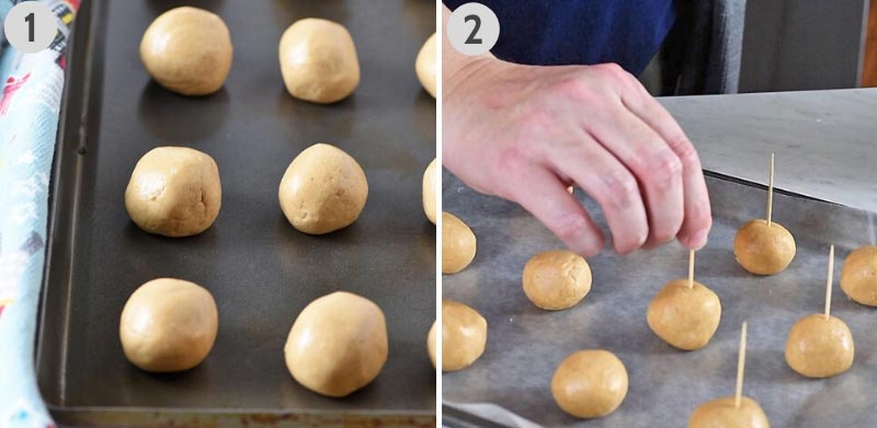 rolling dough into peanut butter balls, placing on baking sheet, and adding toothpicks