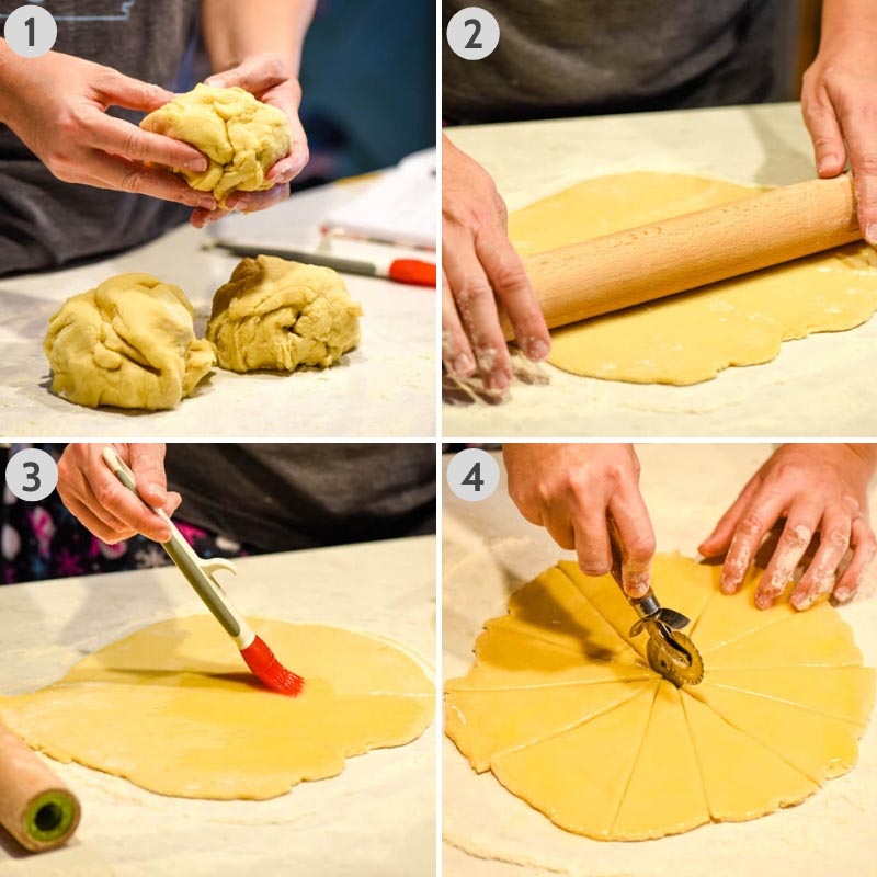 steps for how to roll butterhorns with rolling pin, brushing dough with butter, and cutting into wedge-shaped pieces with pastry wheel