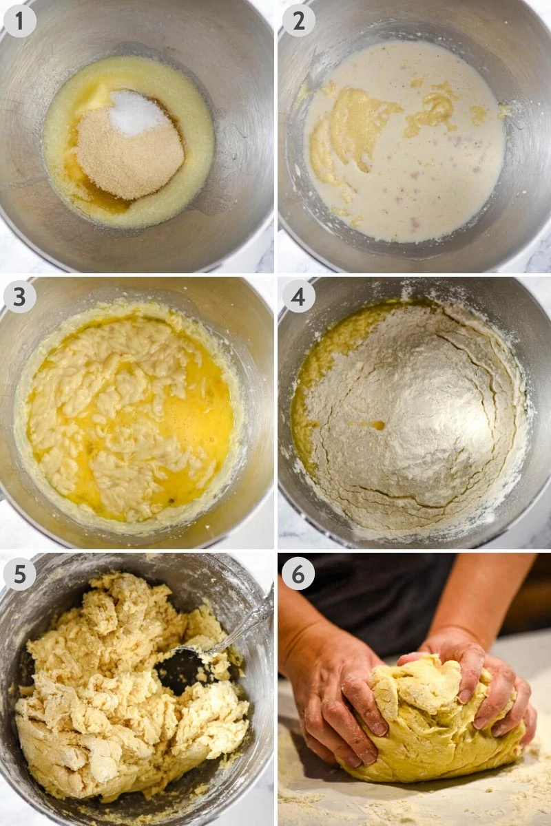 steps for how to make butterhorns dough, mixing dough in KitchenAid mixer bowl and kneading the dough on a lightly floured surface