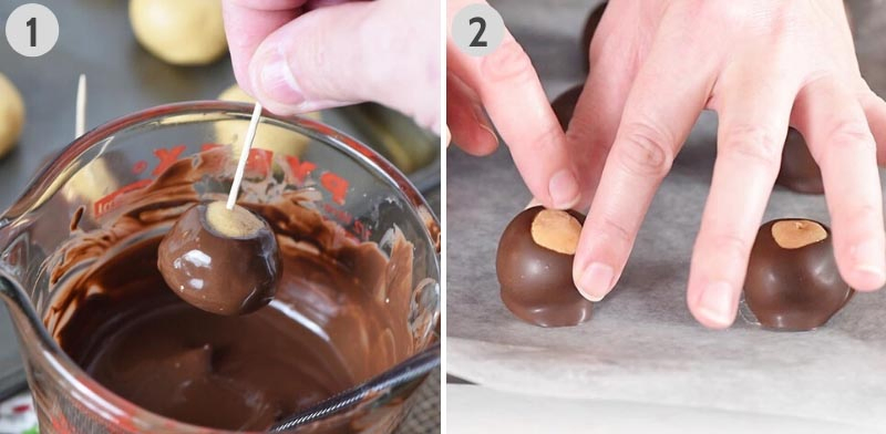 how to make chocolate peanut butter balls by dipping them in chocolate and smoothing over the toothpick hole with finger