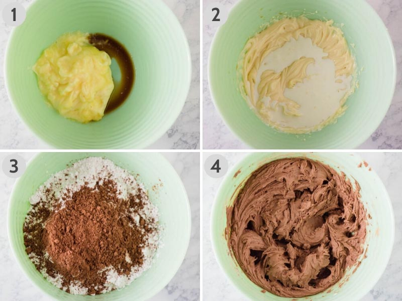 steps for how to make chocolate buttercream frosting in mint green mixing bowl