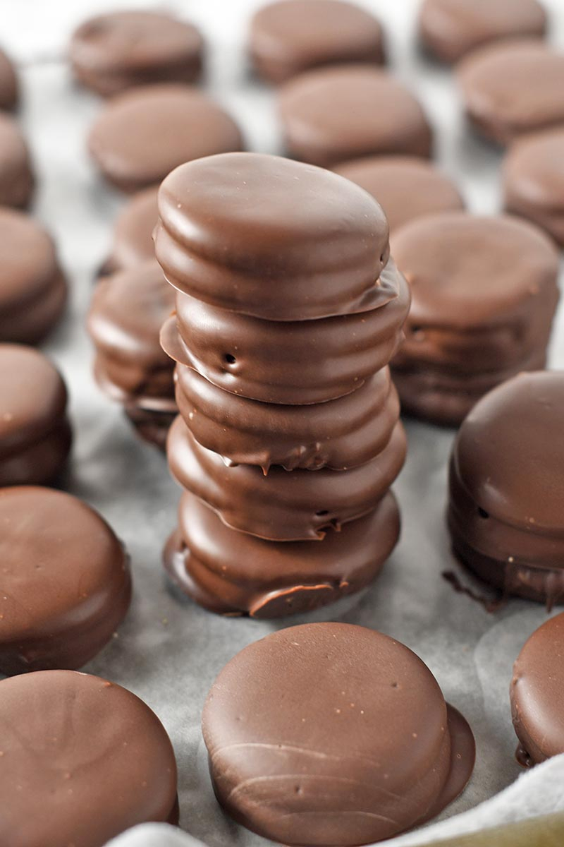 stack of chocolate covered Ritz cracker cookies