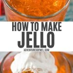 how to make Jello, orange Jello in glass trifle dish, spoonful of orange Jello with Dream Whip