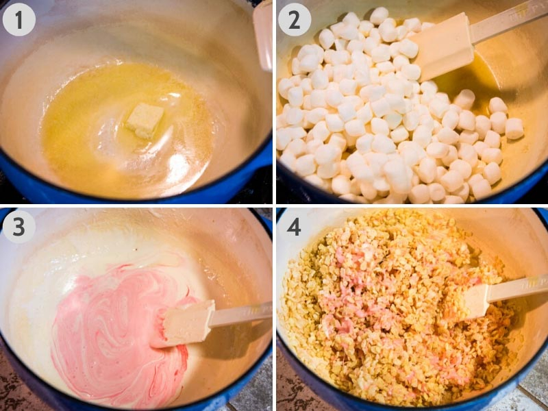 how to make pink Rice Krispie treats by melting butter in blue Dutch oven, mixing in mini marshmallows, stirring in red food coloring, and mixing in crispy rice cereal