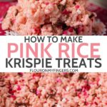 stack of pink Rice Krispie treats with bite taken, sliced pink colored Rice Krispie treats in ivory baking dish