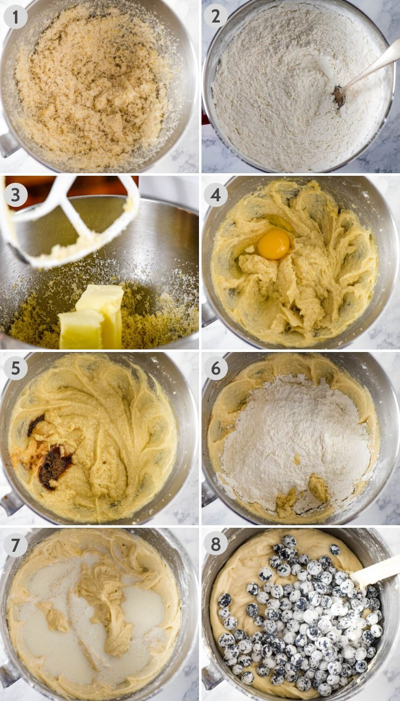 steps for how to make lemon blueberry cake batter, including mixing ingredients in metal KitchenAid mixing bowl and folding blueberries in with spatula