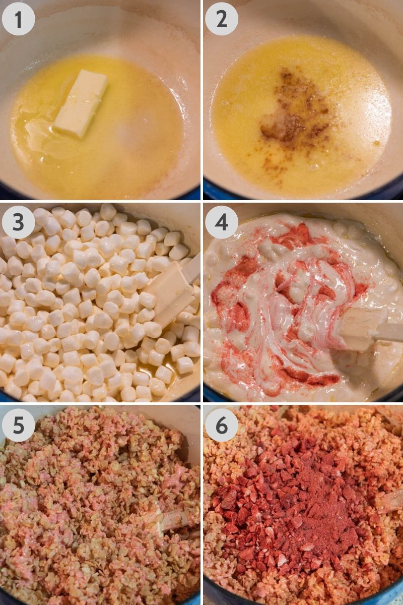 how to make strawberry Rice Krispie treats using by melting butter in Dutch oven, mixing it with vanilla, marshmallows, strawberry Jello, cereal, and freeze dried strawberries