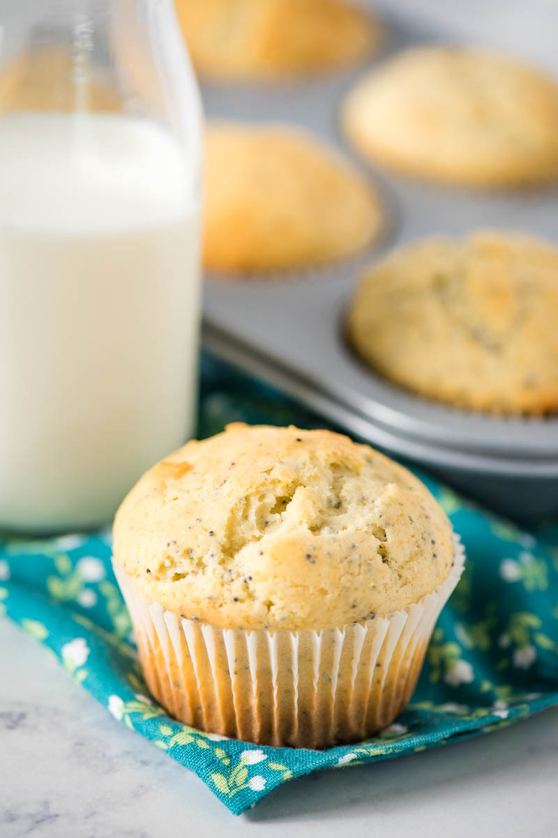 one lemon poppy seed muffin in white cupcake liner, sitting on teal and white flowered linen napkin with bottle of milk and muffin tin full of muffins behind