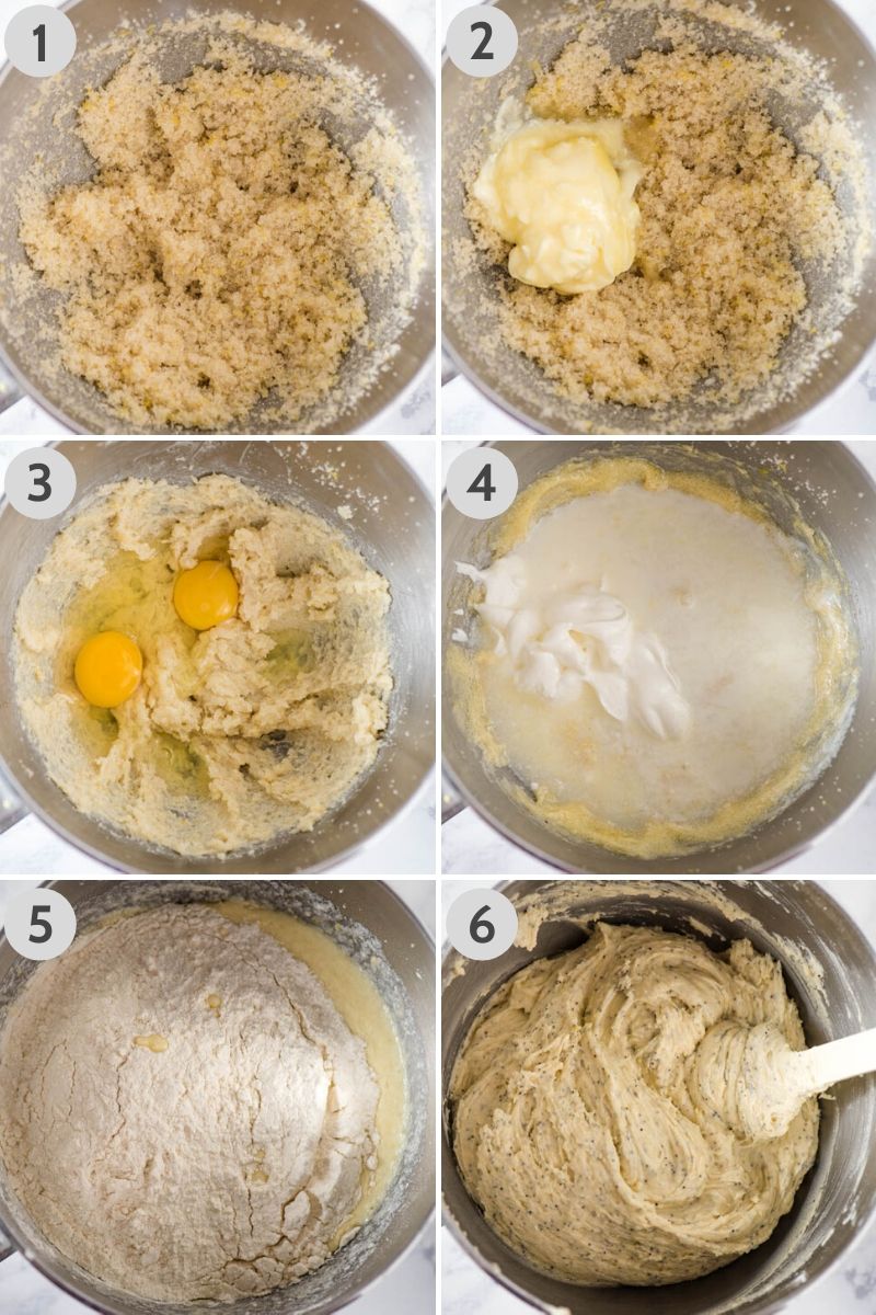 6 steps for how to make lemon poppy seed muffins batter in metal KitchenAid mixing bowl