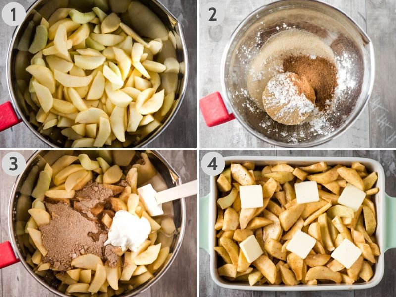 steps for how to make baked cinnamon apples, including slicing apples into large bowl and adding sugar, brown sugar, corn starch, cinnamon, nutmeg, lemon juice, and sour cream; sliced cinnamon apples in mint green baking dish with pats of butter on top of the apples