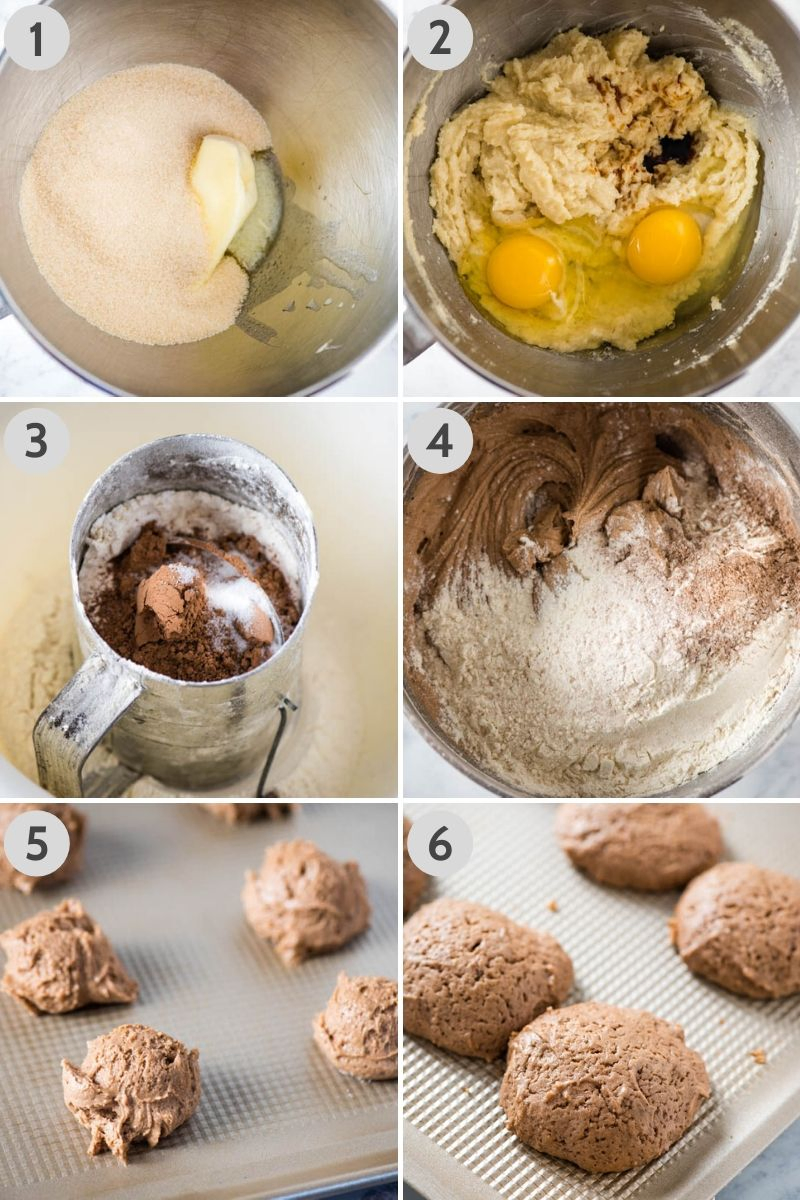 steps for how to make whoopie pies from scratch, including creaming butter and sugar, adding egg and vanilla, sifting dry ingredients, and adding dry ingredients and milk to form dough, then scooping cookie dough onto cookie sheet, and baking chocolate cookies