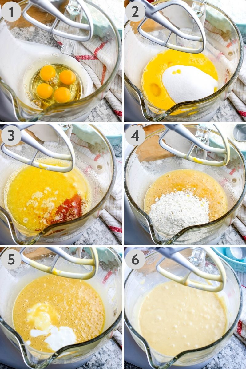 steps for how to make cupcake recipe, including mixing eggs, sugar, vanilla extract, oil, dry ingredients, and milk in glass mixing bowl
